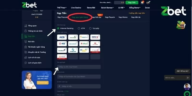 Nạp tiền Zbet bằng phương thức nạp tiền qua ngân hàng