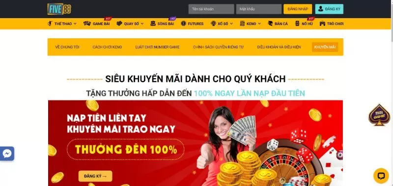 Khuyến mãi Five88 Tặng thưởng 100% lần nạp đầu tiên cho người mới