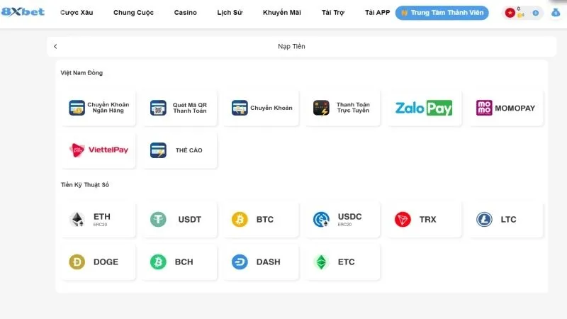 8xbet cung cấp nhiều phương thức giao dịch, thanh toán nhanh chóng