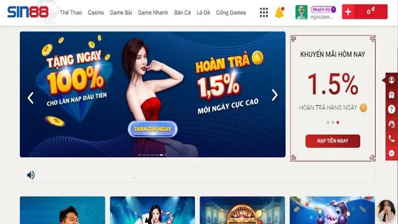 Khuyến mãi Sin88 hoàn trả 1.5% không giới hạn số tiền tối đa