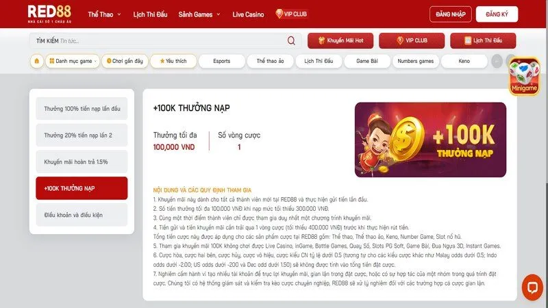 Khuyến mãi Red88 tặng thêm 100k khi nạp tối thiểu 300k vào tài khoản